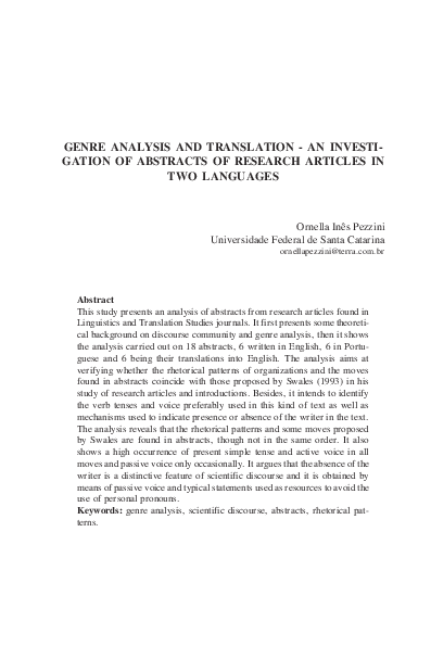 (PDF) Genre Analysis and Translation - An Investigation of Abstracts of ...