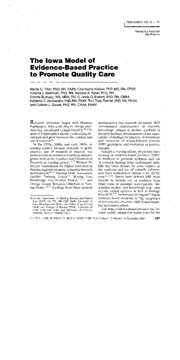 (PDF) The Iowa model of evidence-based practice to promote quality care