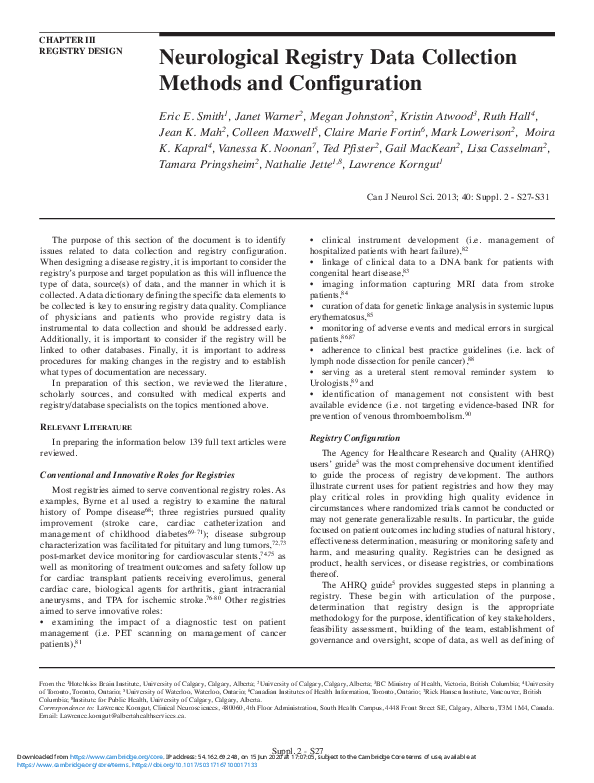 (PDF) Neurological Registry Data Collection Methods and Configuration