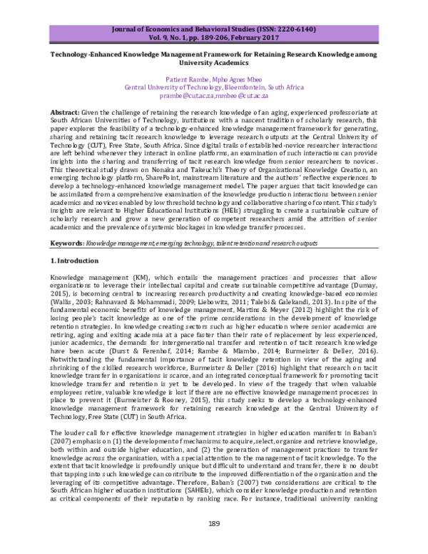 (PDF) TechnologyEnhanced Knowledge Management Framework for Retaining