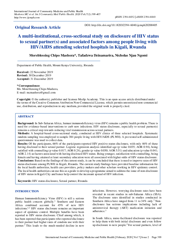 (PDF) A multi-institutional, cross-sectional study on disclosure of HIV ...