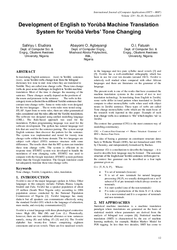 (PDF) Development of English to Yorùbá Machine Translation System for ...