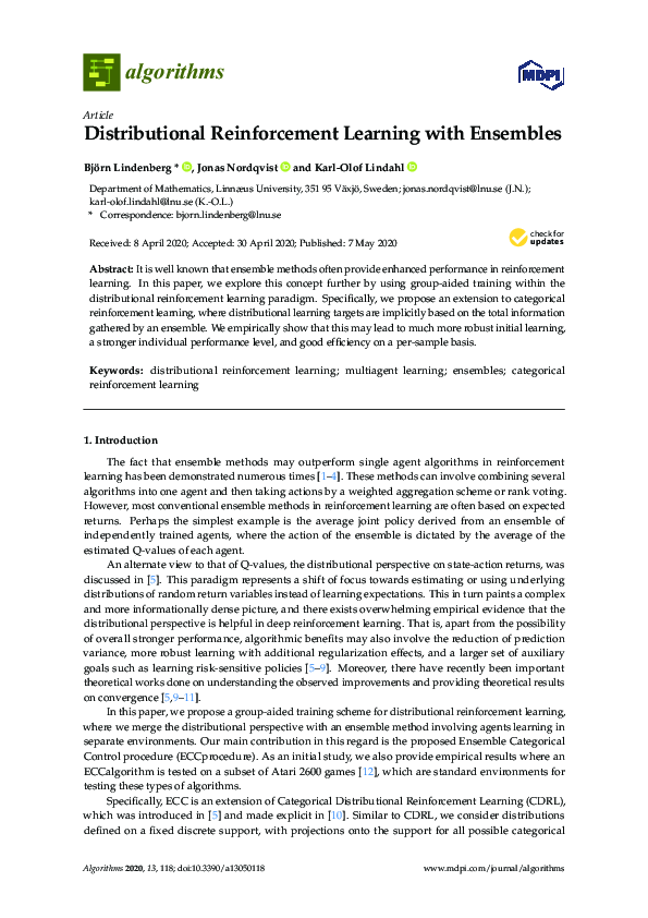 (PDF) Distributional Reinforcement Learning with Ensembles