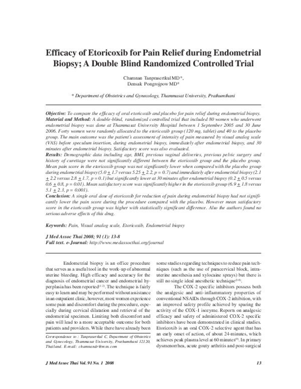 (PDF) Efficacy of etoricoxib for pain relief during endometrial biopsy