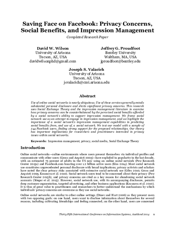 (PDF) Saving face on Facebook: privacy concerns, social benefits, and ...