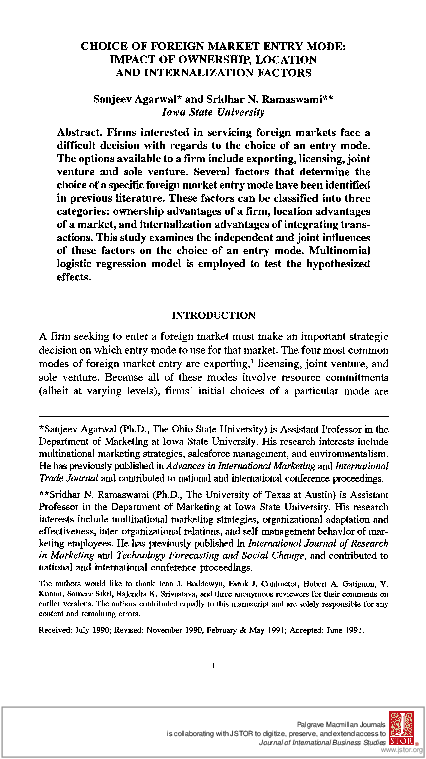 (PDF) Choice of Foreign Market Entry Mode: Impact of Ownership ...