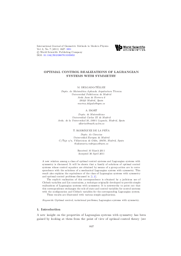 (PDF) Optimal Control Realizations of Lagrangian Systems with Symmetry