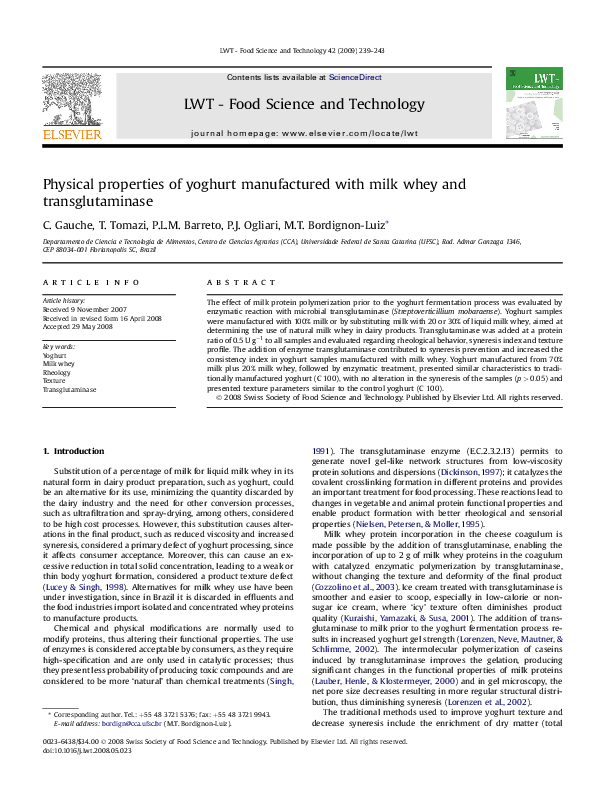 (PDF) Physical properties of yoghurt manufactured with milk whey and ...
