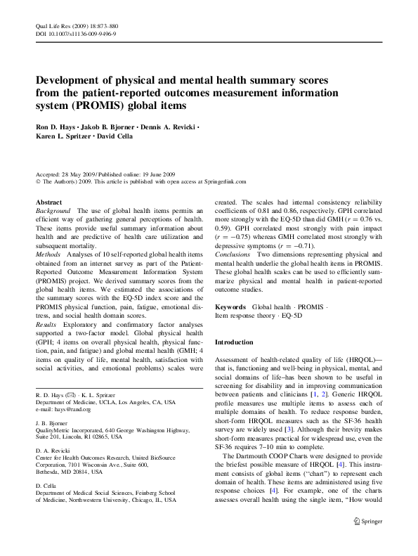 (PDF) Development of physical and mental health summary scores from the ...