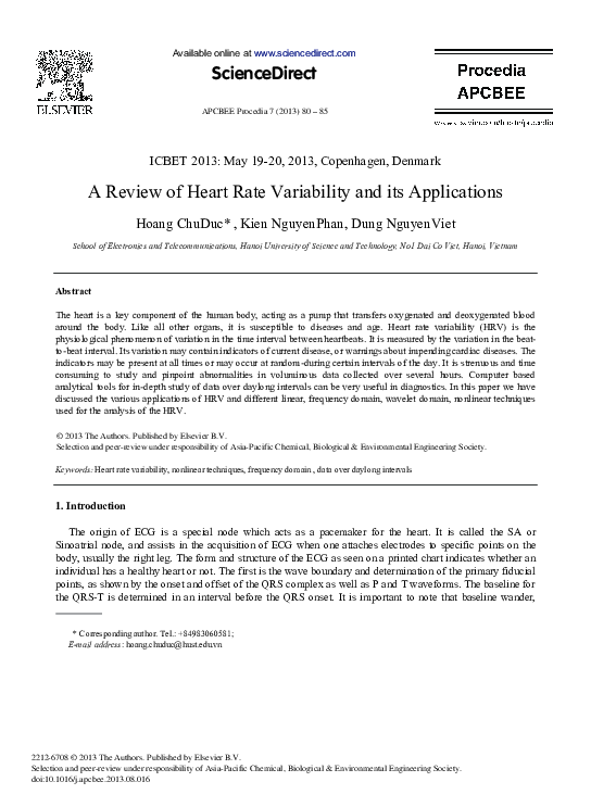 (PDF) A Review of Heart Rate Variability and its Applications