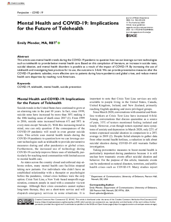 (PDF) Mental Health and COVID-19: Implications for the Future of Telehealth