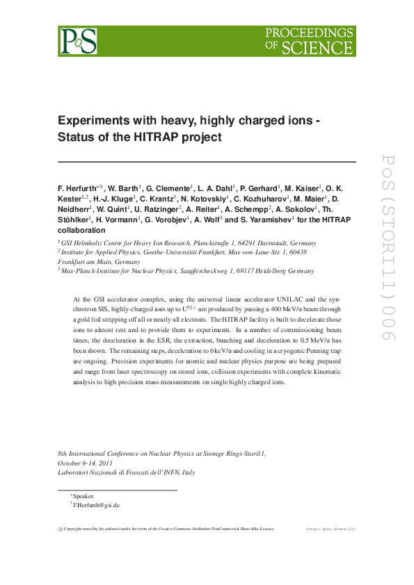 (PDF) Experiments with heavy, highly charged ions - Status of the ...