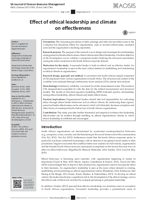 (PDF) Effect of ethical leadership and climate on effectiveness