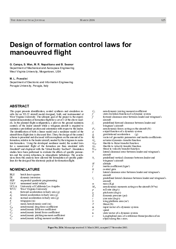(PDF) Design of formation control laws for manoeuvred flight