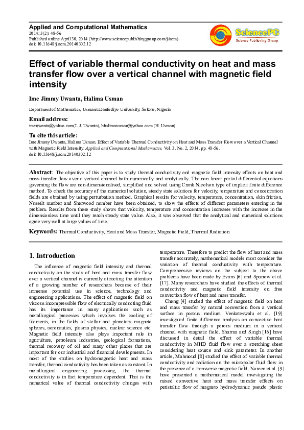 (PDF) Effect of Variable Thermal Conductivity on Heat and Mass Transfer ...