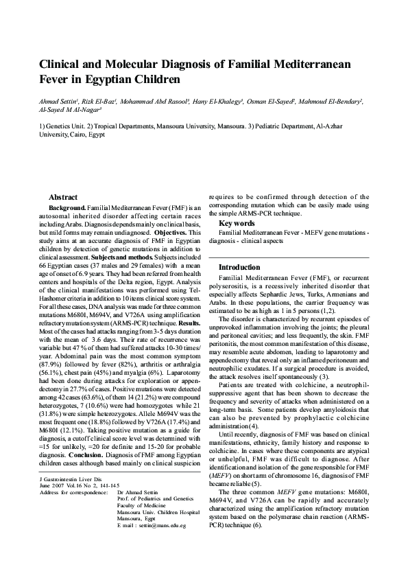 (PDF) Clinical and molecular diagnosis of Familial Mediterranean Fever ...