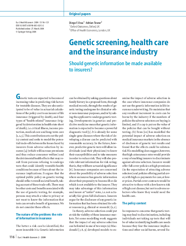 (PDF) Genetic screening, health care and the insurance industry. Should ...