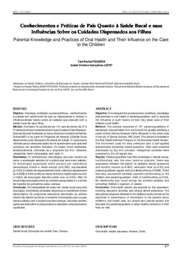 (PDF) Parental Knowledge and Practices of Oral Health and Their ...