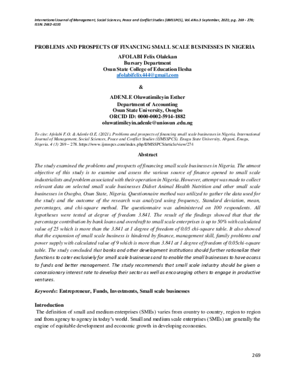 (PDF) PROBLEMS AND PROSPECTS OF FINANCING SMALL SCALE BUSINESSES IN NIGERIA