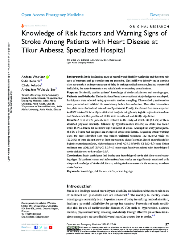 (PDF) Knowledge of Risk Factors and Warning Signs of Stroke Among ...