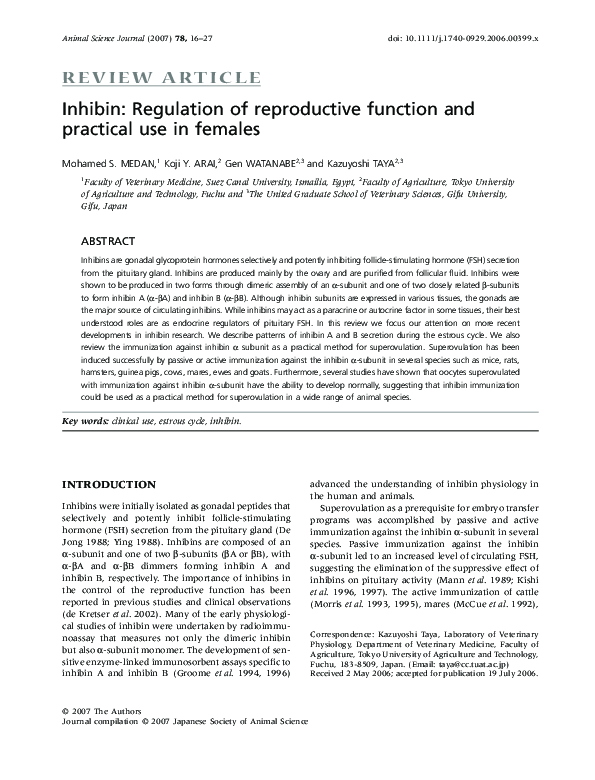 (PDF) Inhibin: Regulation of reproductive function and practical use in ...