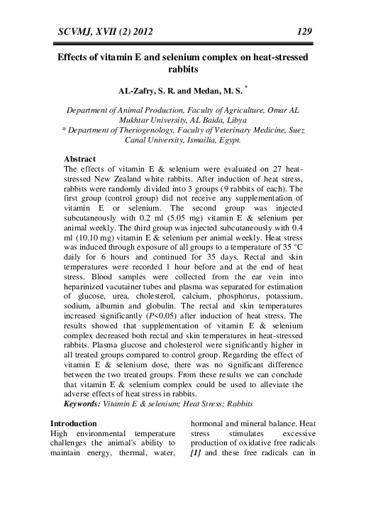 (PDF) Effects of vitamin E and selenium complex on heat-stressed rabbits