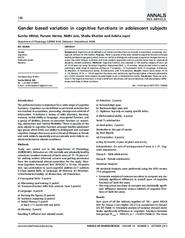 (PDF) Gender Based Variation in Cognitive Functions In Adolescent Subjects