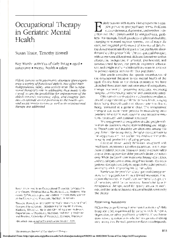 (PDF) Occupational Therapy in Geriatric Mental Health Timothy Howell