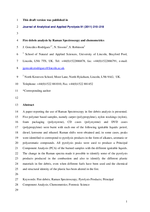 (PDF) Fire debris analysis by Raman Spectroscopy and chemometrics