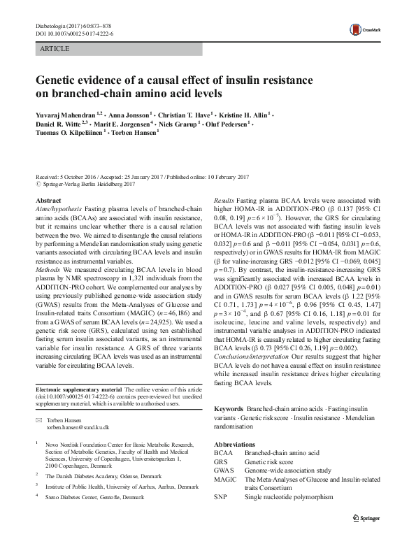 (PDF) Genetic evidence of a causal effect of insulin resistance on ...