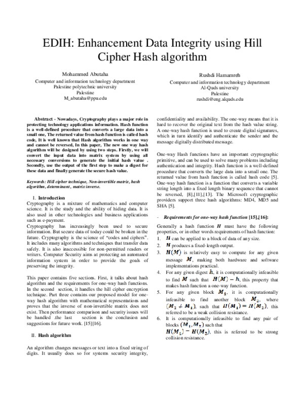 (PDF) EDIH: Enhancement Data Integrity using Hill Cipher Hash algorithm