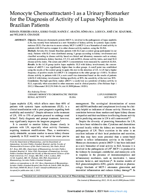 (PDF) Monocyte Chemoattractant-1 as a Urinary Biomarker for the ...