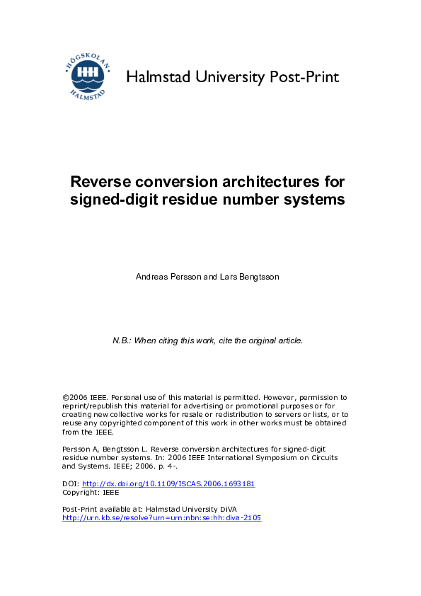 (PDF) Reverse conversion architectures for signeddigit residue number