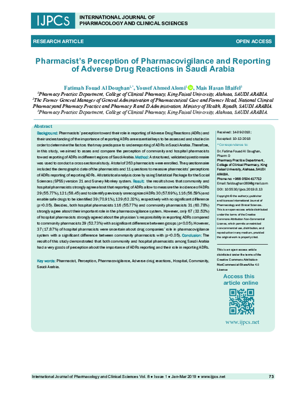 (PDF) Pharmacist's Perception of Pharmacovigilance and Reporting of ...