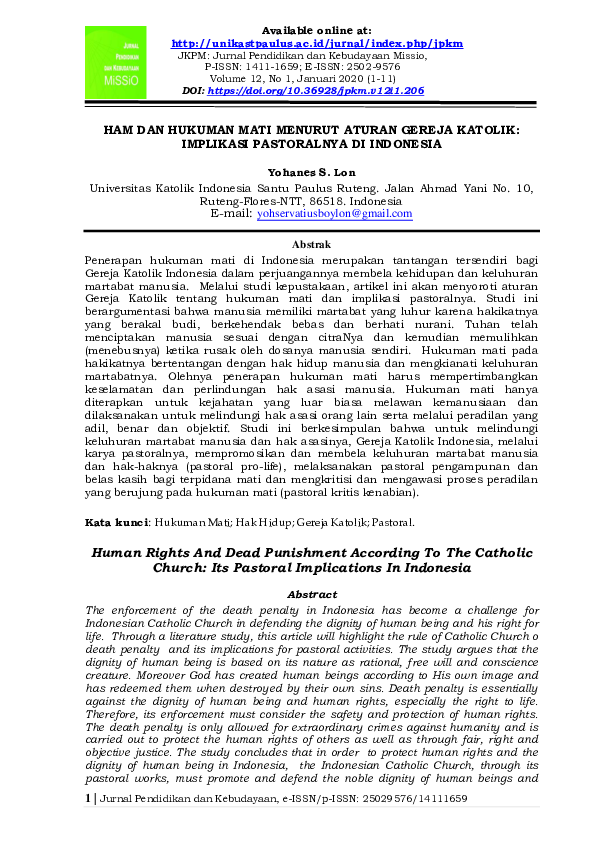 (PDF) Ham Dan Hukuman Mati Menurut Aturan Gereja Katolik: Implikasi ...