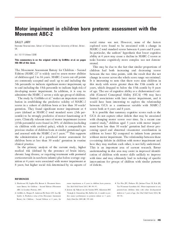 (PDF) Motor impairment in children born preterm: assessment with the ...