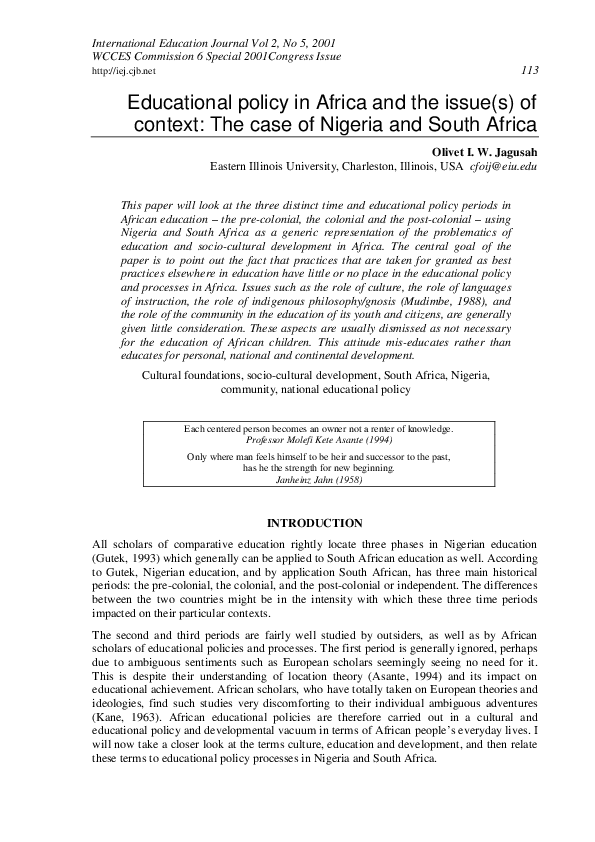 (PDF) Educational policy in Africa and the issue (s) of context: The ...
