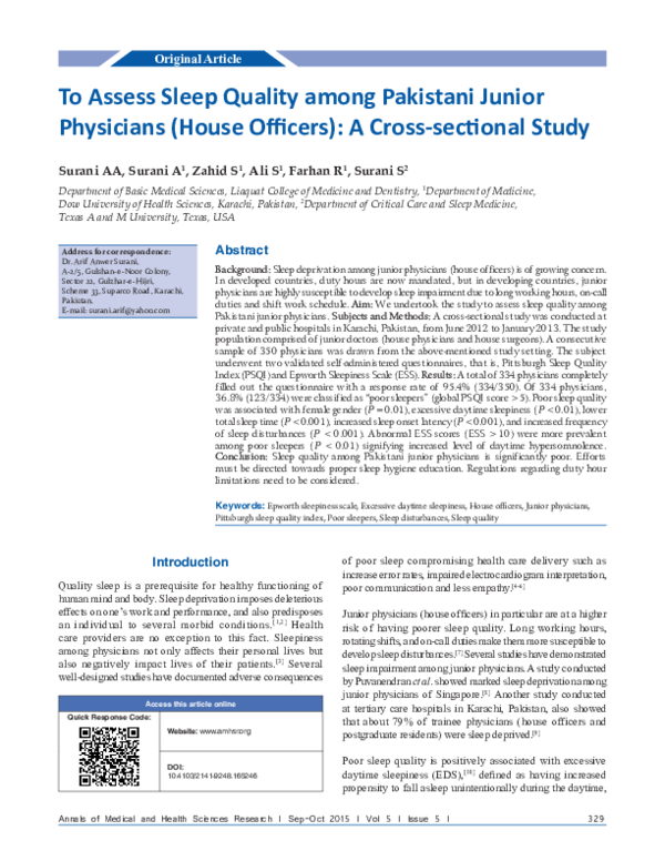 (PDF) To assess sleep quality among pakistani junior physicians (house ...
