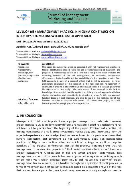 (PDF) Level of Risk Management Practice in Nigeria Construction ...