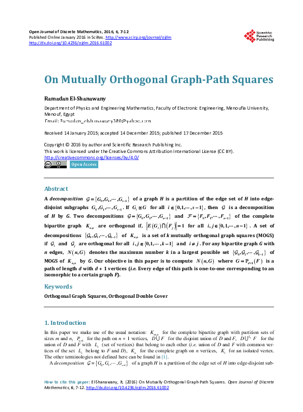 (PDF) On Mutually Orthogonal Graph-Path Squares