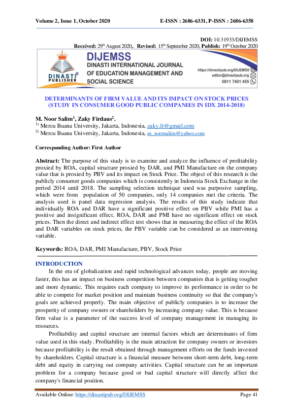 (PDF) Determinants of Firm Value and Its Impact on Stock Prices (Study ...