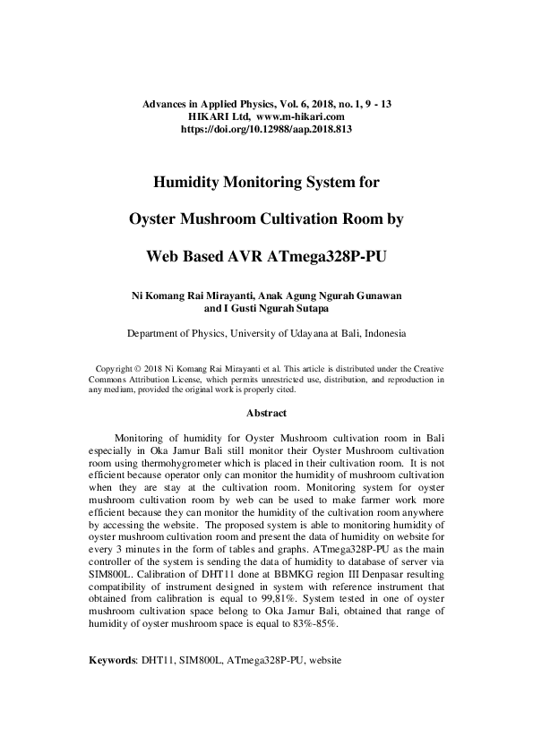Humidity monitoring system for oyster mushroom cultivation room by web based AVR ATmega328P-PU