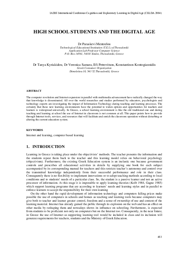 (PDF) High School Students and the Digital Age