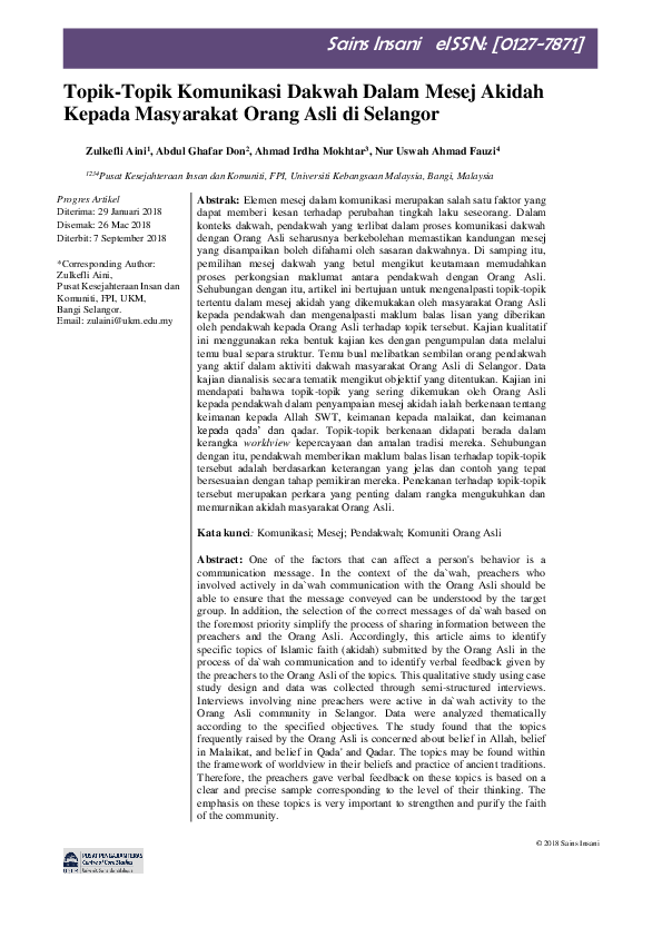 Topik-Topik Komunikasi Dakwah Dalam Mesej Akidah Kepada Masyarakat Orang Asli di Selangor