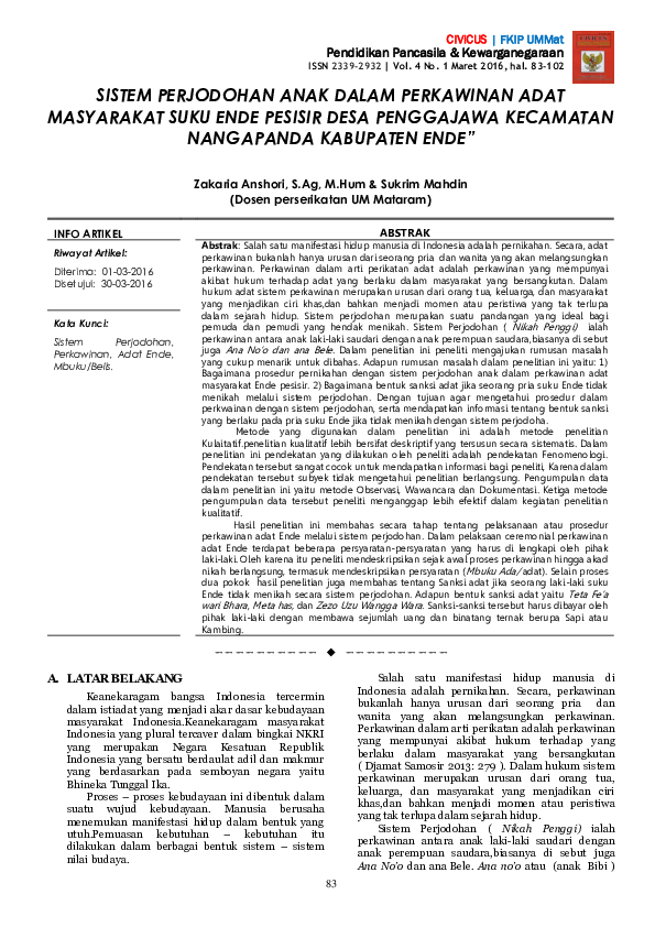(PDF) Sistem Perjodohan Anak Dalam Perkawinan Adat Masyarakat Suku Ende ...