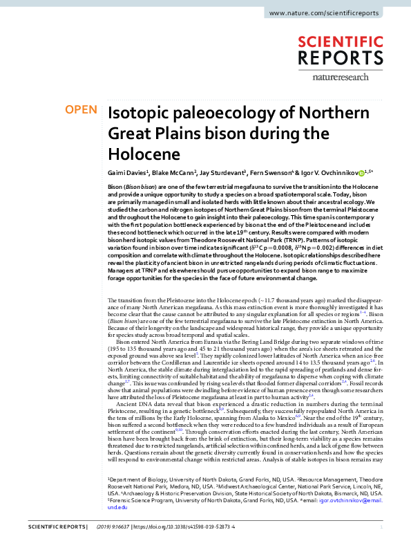 Isotopic paleoecology of Northern Great Plains bison during the Holocene