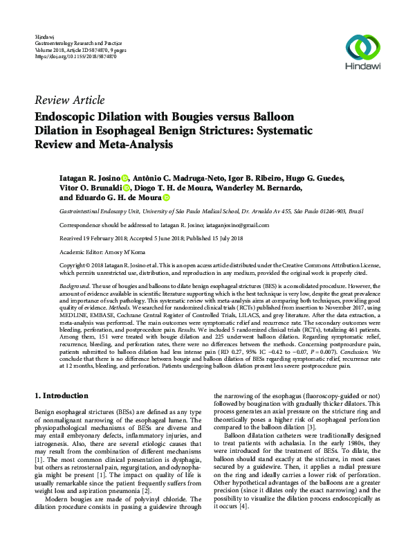 (PDF) Endoscopic Dilation with Bougies versus Balloon Dilation in Esophageal Benign Strictures