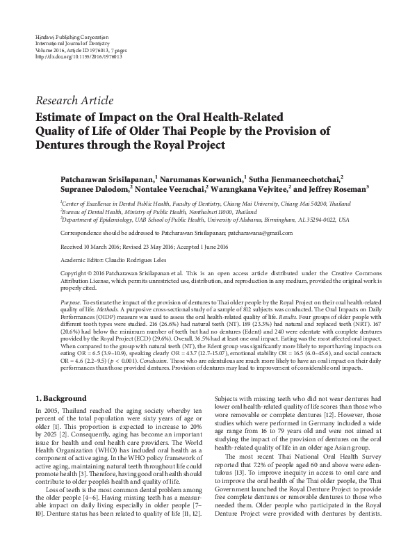 (PDF) Estimate of Impact on the Oral Health-Related Quality of Life of ...