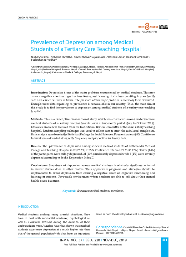 (PDF) Prevalence of Depression among Medical Students of a Tertiary ...