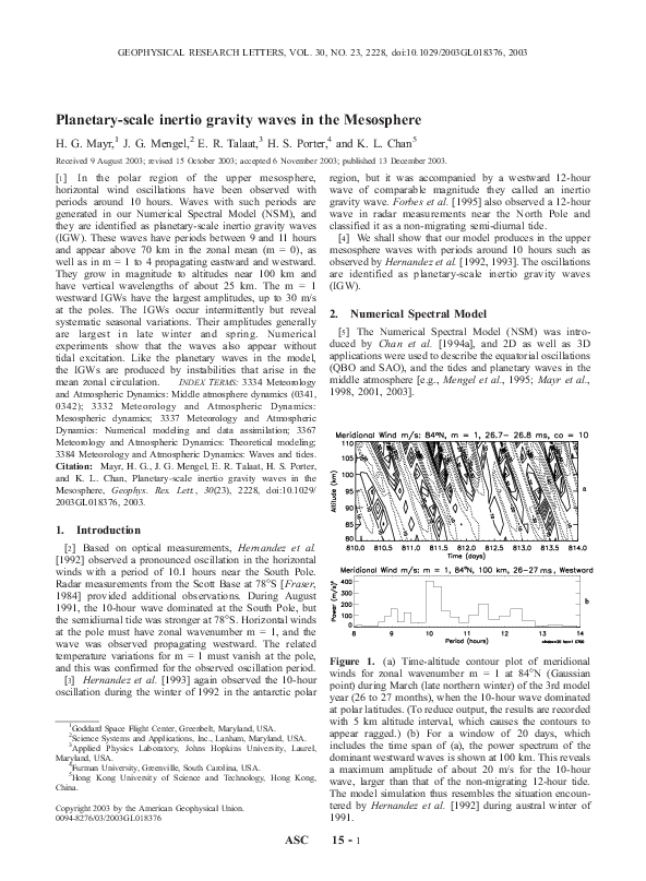 (PDF) Planetary-scale inertio gravity waves in the Mesosphere